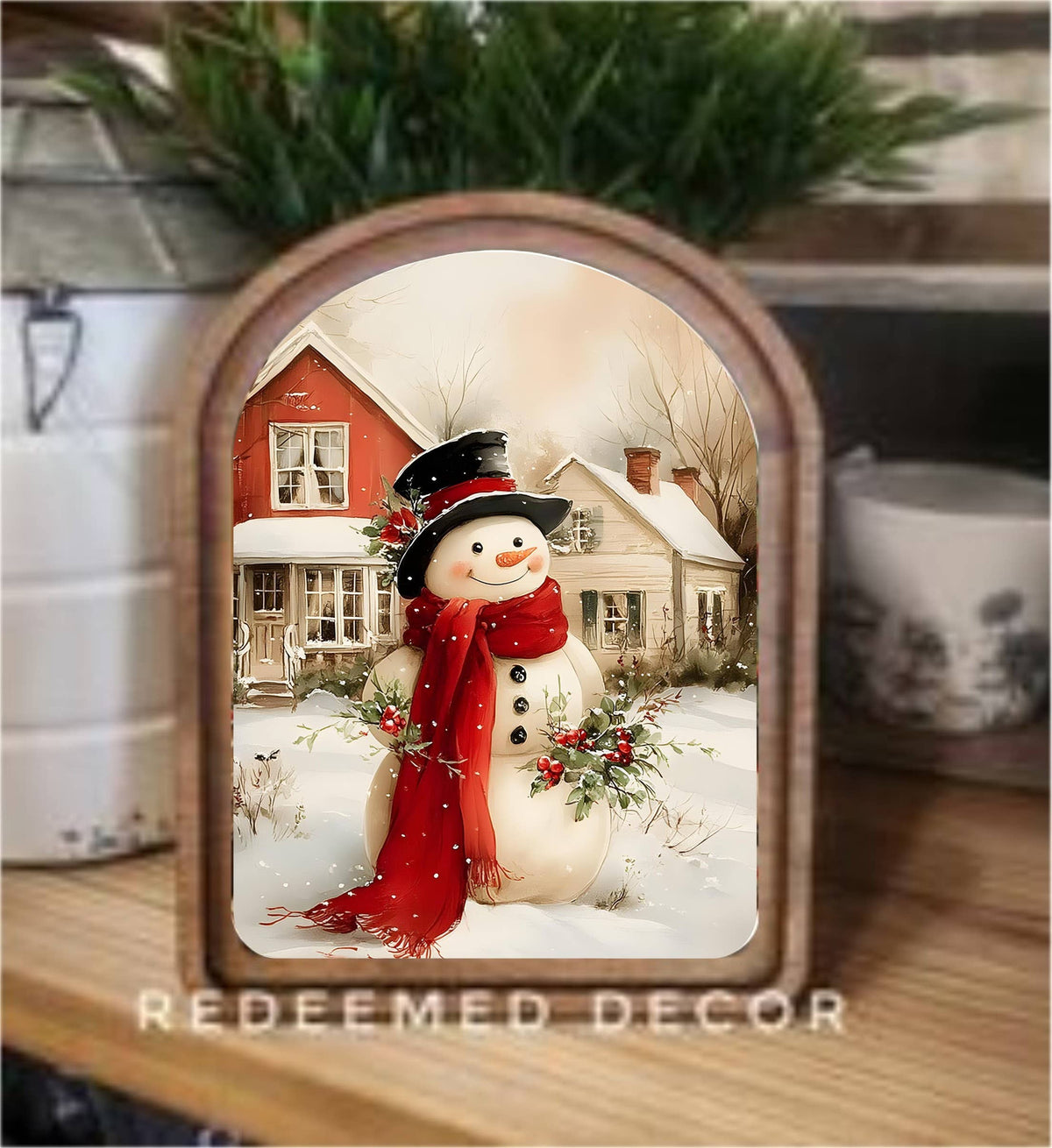Arch Top Cozy Christmas Snowman Framed Art