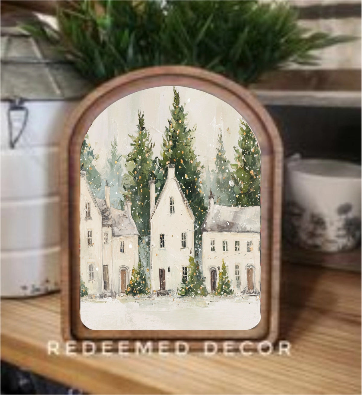 Arch Top White Christmas Houses Framed Art