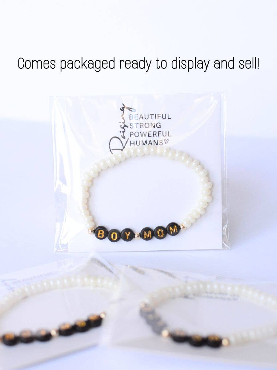 Boy MOM black and gold beaded word pearl stretch bracelet