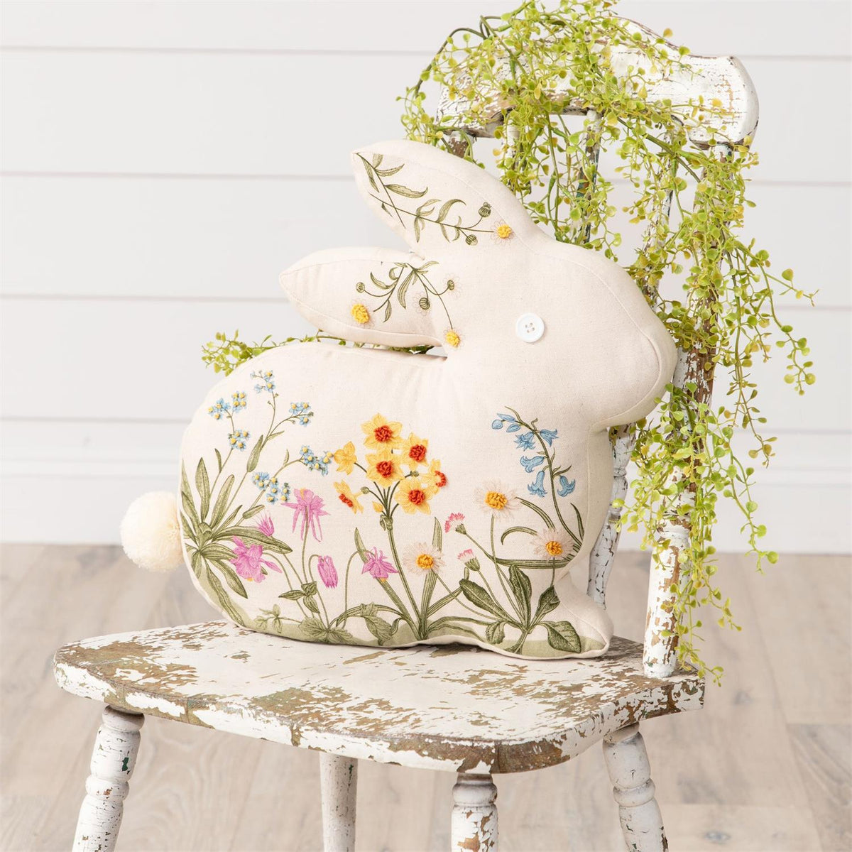 Embroidered Floral Rabbit Pillow