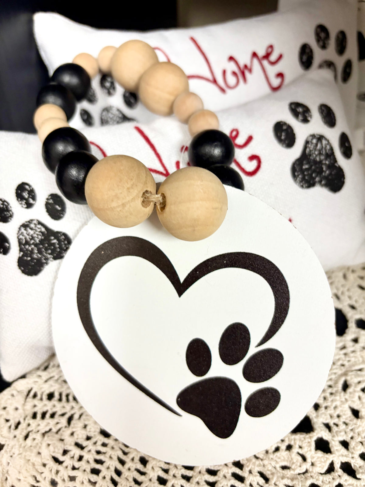 Wood Bead Hanger-Heart and Paw