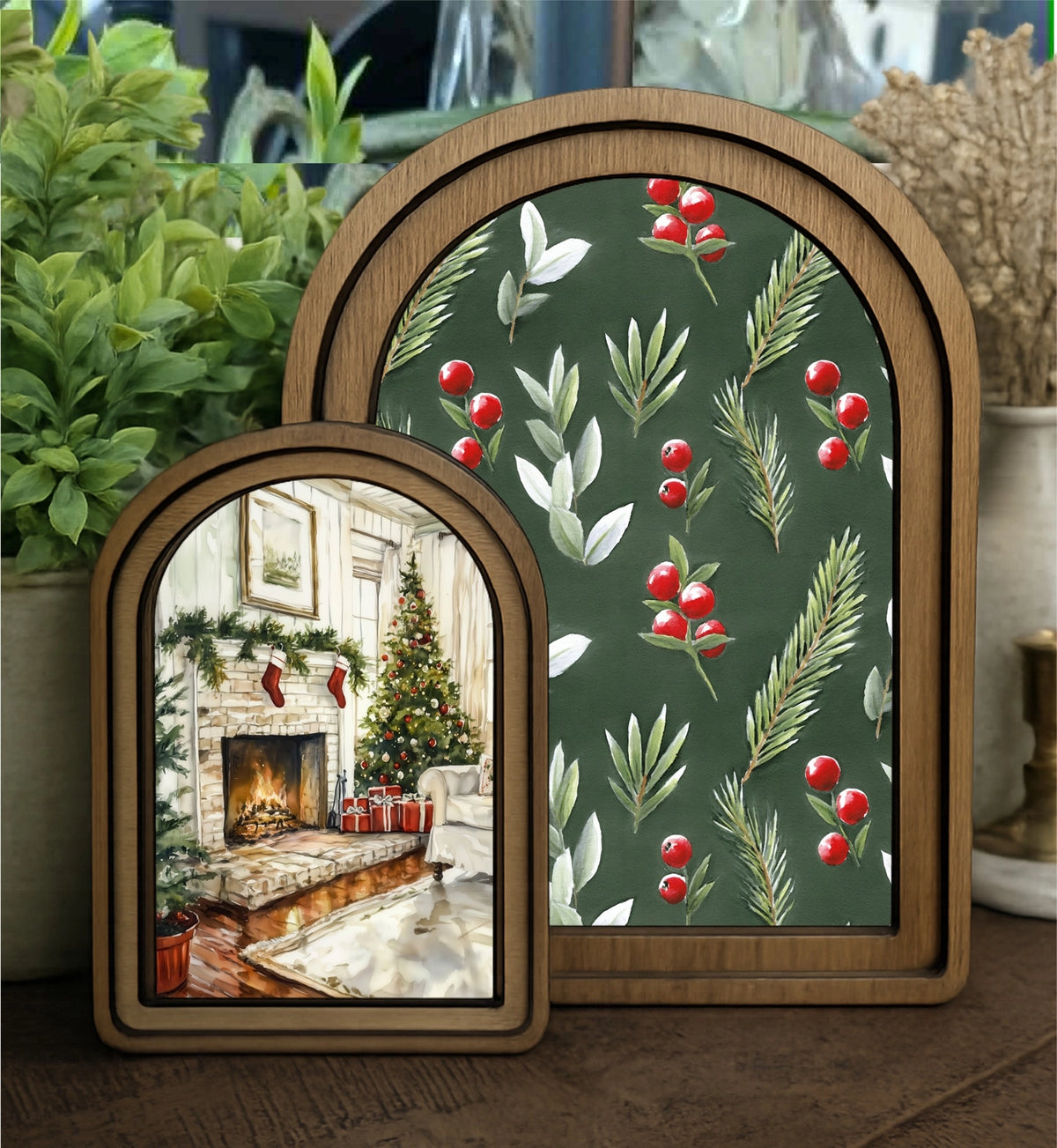 Arch Top Christmas Fireplace Framed Art