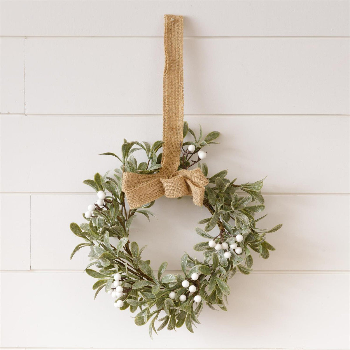 Mini Frosted Mistletoe Wreath with Burlap Bow