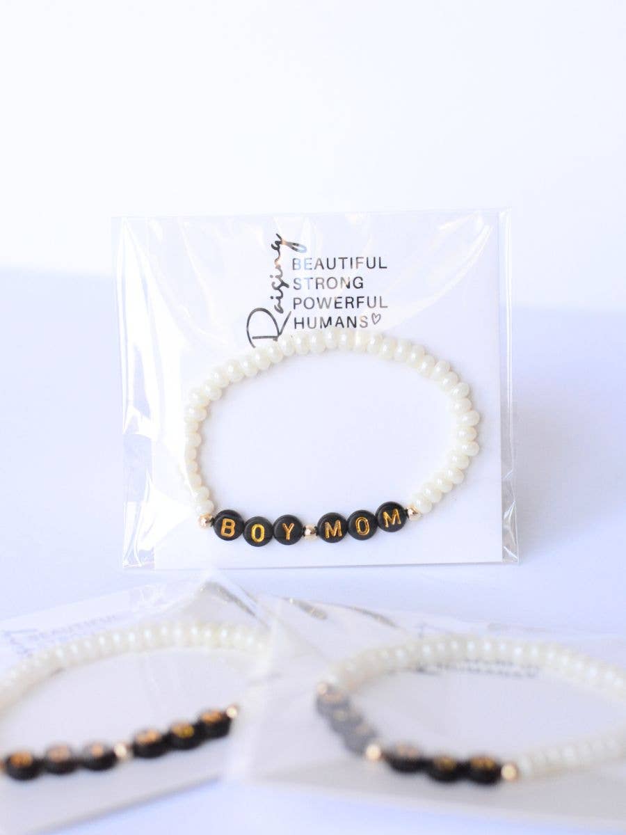 Boy MOM black and gold beaded word pearl stretch bracelet