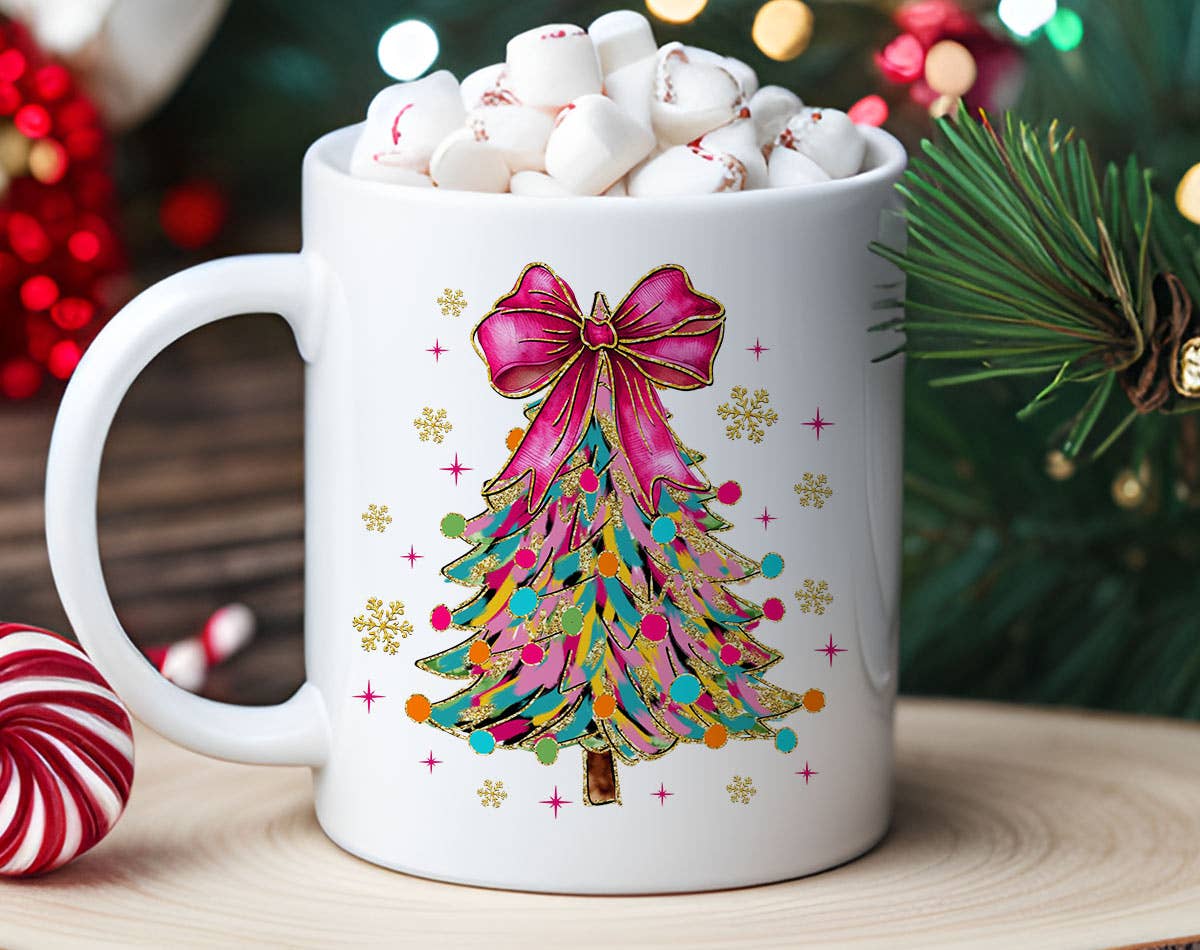 Coquette Christmas Tree Pink Bow Snow Flakes Coffee Mug