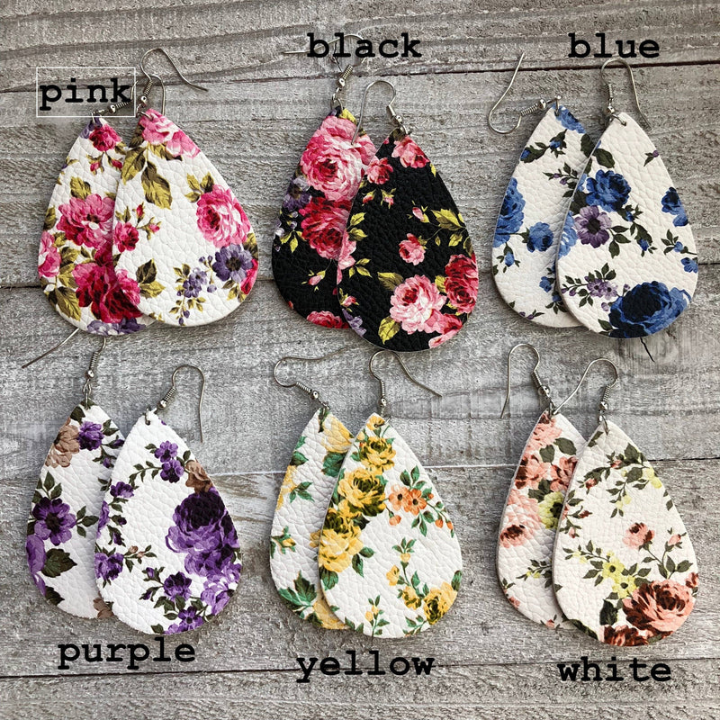 Leather Flower Printed Teardrop Earrings