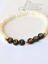 Boy MOM black and gold beaded word pearl stretch bracelet