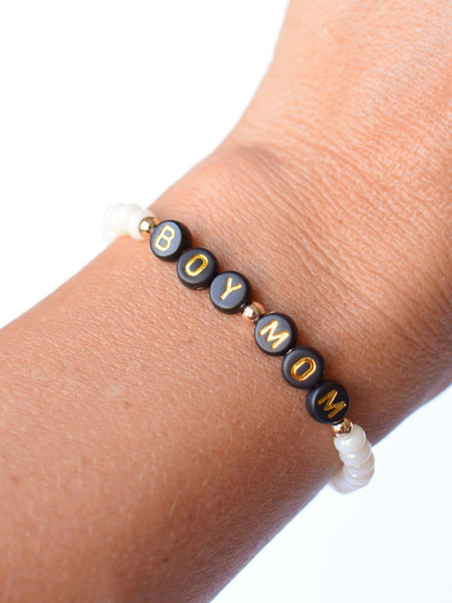 Boy MOM black and gold beaded word pearl stretch bracelet